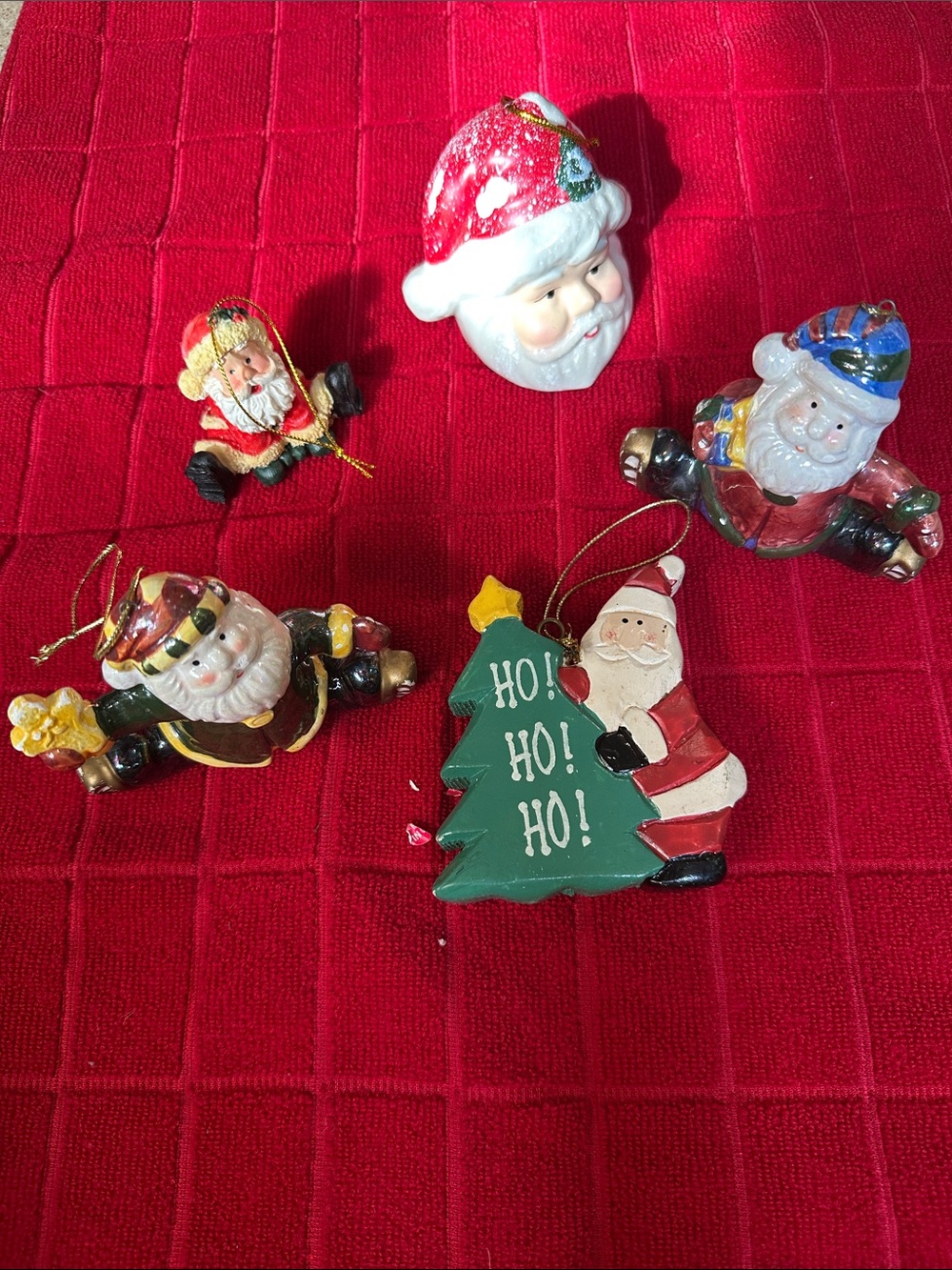 5 Santa Christmas Ornaments Ice Skating Ceramic Resin Bell Holiday Lot Vintage